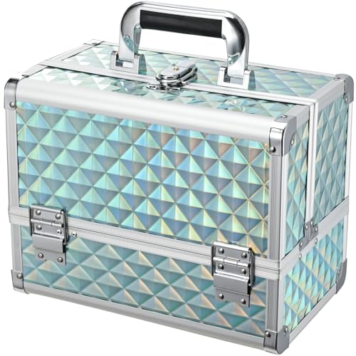 Joligrace Makeup Box 11.6-Inch Cosmetic Train Case for Women Travel Jewelry Organizer with Compartments & Mirror Portable Lockable Make-up Trunk Turquoise