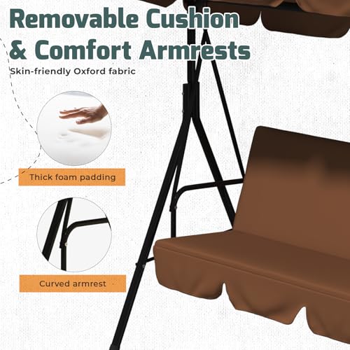 Image of AECOJOY Porch Swing with Stand. 3-Seat Outdoor Clearance Porch Swings for Adults, Outdoor Patio Swing with Adjustable Canopy & Removable Cushion for Backyard, Garden, Yard, Poolside, Balcony (Brown)