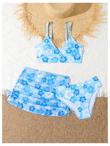 Image of COZYEASE Girls' 3 Piece Set Floral Print Bikini Swimsuit with Drawstring Beach Skirt Cute Ruched Bathing Suit