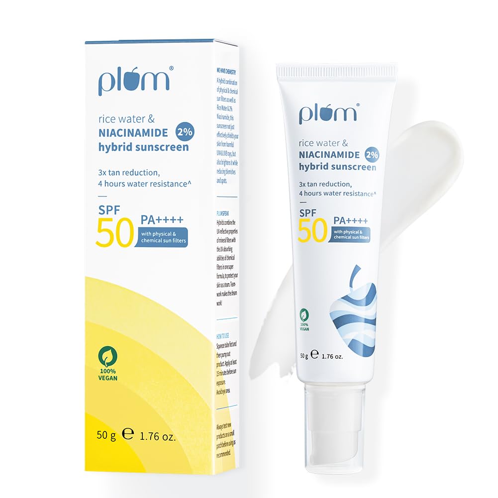 Plum 2% Niacinamide & Rice Water Sunscreen SPF 50 PA+++ | for Oily, Dry & Combination Skin | UVA/UVB Protection | Reduces Tan & Brightens Skin | No White Cast & Non-Sticky | for Women & Men | 50g