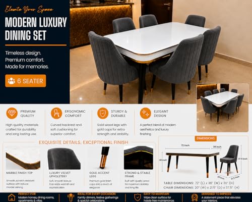 Image of WOODEN SPACE 6-Seater Wooden Dining Table Set | Nano Composite Marble Top | Solid Wood Base | Modern Dining Room Furniture with 6 Chairs (Dark Grey Infinity Backline)