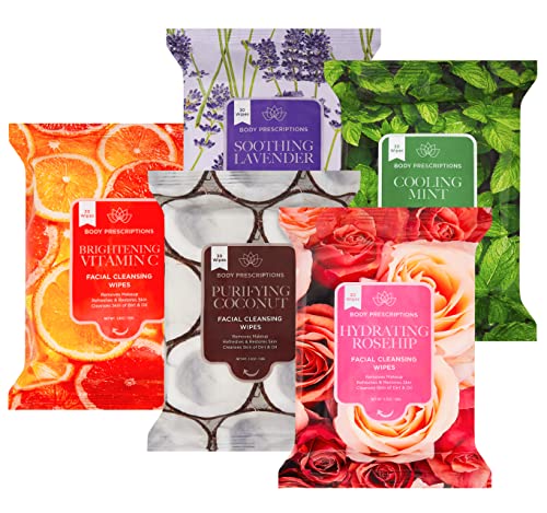 Body Prescriptions Makeup Remover Wipes Bulk, 5 Pack, 150 Facial Cleansing Cloths Removes Makeup, Mascara, Dirt And Oil (Mint, Rosehip, Vitamin C, Lavender And Coconut) #TOP26