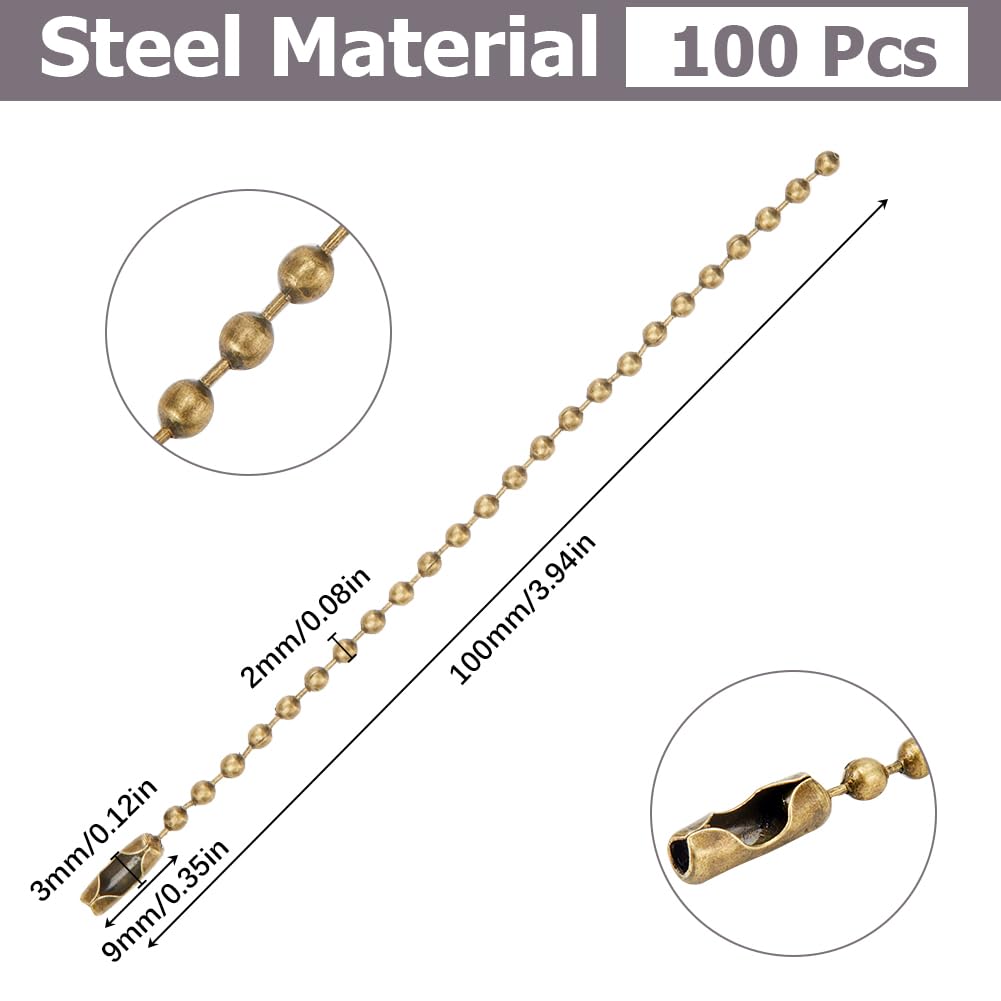 SOFPLATE 1 Box 100Pcs 4"/10cm 2mm Stainless Steel Ball Chain Bulk Beaded Ball Keychain Necklace Adjustable Metal Beads Short Dog Tag Chains with Connector for Key Jewelry Making Crafts Antique Bronze - Image 2