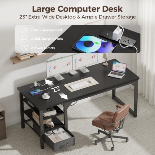 Image of Mericonia 63 inch Computer Desk with Drawer, 1.2 inch Thick Reversible Office Desk | Modern Writing Table with Power Outlets & Storage Shelves, Heavy Duty Industrial Executive Desk for Home Bedroom Study Work