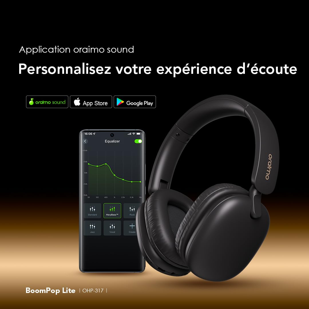 Oraimo BoomPop Lite Casque Bluetooth sans Fil, 65 h d'autonomie, Charge Rapide 10 Min = 10 h, Son Spatial Sound360, Micro ENC, Mode Jeu, Pliable, Bluetooth 5.3 + Jack 3,5 mm, USB-C