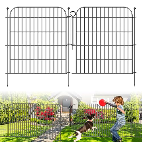 5 Panels No Dig Decorative Garden Fence with Gate, Total 11.8 ft(L) x 32 in(H) Animal Barrier Border for Dog, Rustproof Metal Wire Panel Border for Yard, Temporary Tall Fencing with Ground Stakes