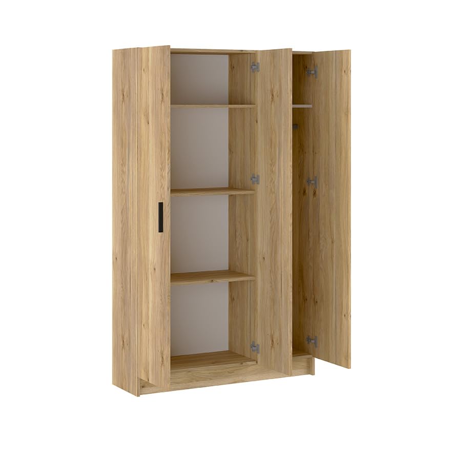 Somnia Descanso - Armario Auxiliar Multiusos de Tres Puertas, 4 Baldas y Hueco para Escoba Elenor, Color Roble Miel, 108 cm (Ancho) x 180 cm (Alto) x 35 cm (Fondo)