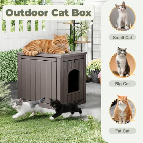 Image of Cat Litter Box Enclosure, Enclosed Cat Litter Box Raised Floor, Openable Front Door Outdoor Cat House Weatherproof, Easy to Clean, Grey
