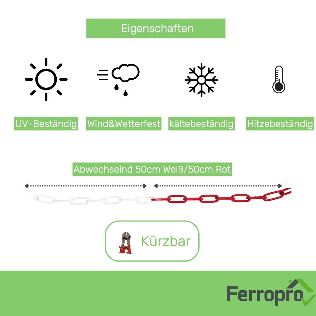 10m Absperrkette 6mm inkl Notglied&Karabiner aus verzinktem Stahl – Rot/Weiß, korrosionsbeständig, hohe Sichtbarkeit, stabil & langlebig – ideal für Absperrungen von Parkplätzen und Flächen