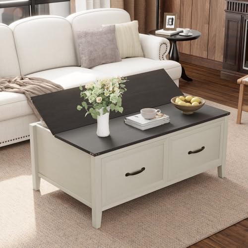 Crestlive Products Farmhouse Coffee Table, 43'' Hinged Lift Top Wood Center Table, Rustic Coffee Table with Large Hidden Storage & 2-Drawers for Living Room, White Frame & Black Top