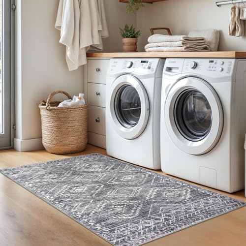 KILOCOCO Boho Entryway Rug 3x5 Area Rug Washable Non Slip Throw Rugs Soft for Kitchen Living Room Dining Bedroom Geometric Moroccan Carpet, Grey