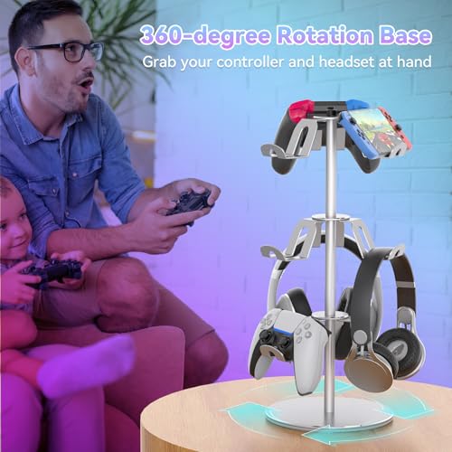 Controller Stand Compatible with Xbox PS5 PS4 Nintendo Switch Pro, 3 Tier Aluminum Gaming Headset Stand, Rotatable Headphone Controller Holder Organizer Rack, Universal & Large Capacity, Silver - Image 5