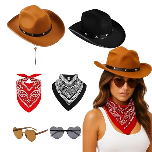 Brown Cowboy Hat,Cowboy Hat,6 Pcs Cowboy Accessories(Brown and Black), Accessories with Sunglasses and Neckerchiefs,for Men and Women, Halloween Party, Rodeo, Music Festival