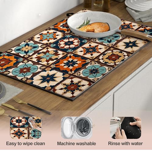 Image of Mexican Talavera Tile Stove Top Covers Pad 28 x 20 inches Dish Drying Mat Coffee Bar Mats Kitchen Decor Absorbent Pad Fit Coffee Maker Machine Dish Drying