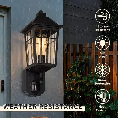 Image of JYZ 16 inch Motion Sensor cOutdoor Wall Light Fixtures, Anti-Rust Aluminum Wall Sconce with Seeded Glass, E26 Socket Waterproof Exterior Lighting, Matte Black Wall Lantern for Porch, Garage, Yard