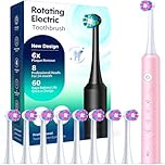 Rotating Electric Toothbrush for Adults, 8 Brush Heads & Fast Charging, 60-Day Long-Lasting Battery, 4 Modes, IPX7 Waterproof, 2-Minute Smart Timer for Professional Clean (Pink)