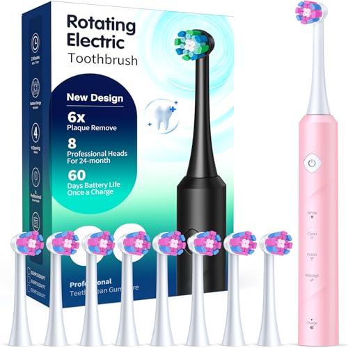 Rotating Electric Toothbrush for Adults, 8 Brush Heads & Wireless Charging, 60-Day Long-Lasting Battery, 4 Modes, IPX7 Waterproof, 2-Minute Smart Timer for Professional Clean, Pink