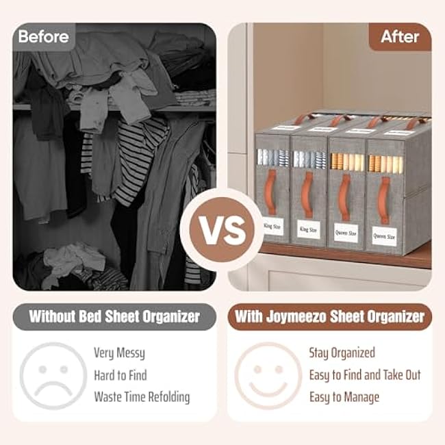 4 Pack Bed Sheet Organizers and Storage(King &Queen Size) with an Elastic Strap, Foldable Closet Linen Sheet Storage Container, Sheet Set Box for Blankets, Duvet Covers and Pillowcase, Grey