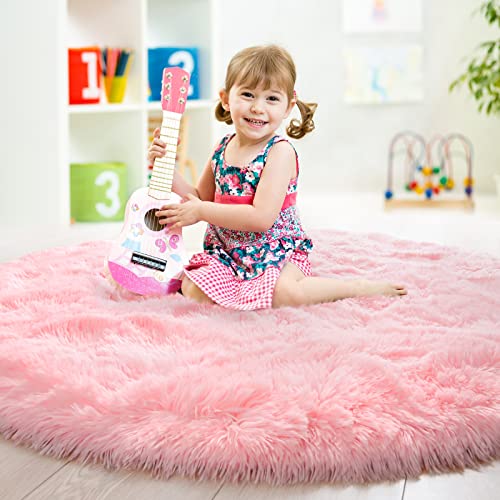 Junovo Pink Round Rug 4X4 Feet Fluffy Soft Area Rugs For Kids Girls Room Princess Castle Plush Shaggy Carpet Cute Circle Nursery Rug For Kids Girls Bedroom Baby Room Home Decor Circular Carpet #TOP6