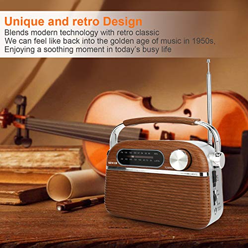 SEMIER Retro AM FM Portable Radio Bluetooth Speak，Battery Operated Radio by 2X D Cell Batteries Or AC Power Vintage Transistor Radio with Big Speaker and Large Knob - Thumbnail 6
