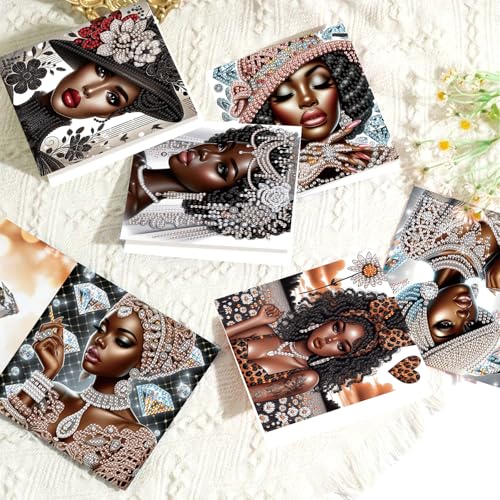 Image of 6 Pcs 5D Rhinestone Painting Greeting Cards Kits, Handmade Festival Greeting Cards with Envelopes Laser Effect DIY Diamond Art Crafts Birthday Cards for Birthdays Celebrations (Elegant African)