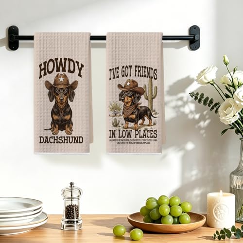 Image of 2 Pcs Western Dachshund Kitchen Towels 24x14 Inch, Preppy Cowboy Dachshund Gifts Reusable Dish Towels for Kitchen Decor, Waffle Weave Absorbent Hand Cloth Tea Towel, Weiner Dog Gifts for Women Friend