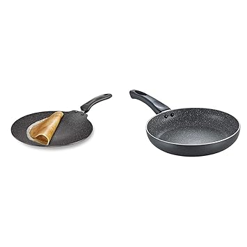 Prestige Omega Deluxe Granite Aluminium Flat Dosa Tawa, (Black, 30 cm) & Prestige Aluminium Omega Deluxe Granite Fry Pan, 28 cm, Black (36306)