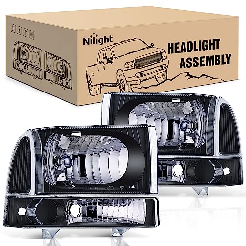 Image of Nilight Headlight Assembly Compatible with Ford 1999 2000 2001 2002 2003 2004 F250 F350 F450 F550 Super Duty Black Housing Clear Corner Clear Lens Headlights Assembly Replacement