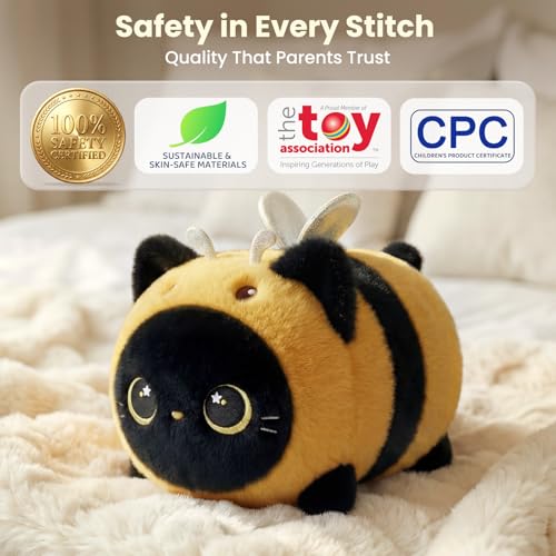 Image of Mewaii Black Cat Bee Plush Kawaii Plushies, Ultra-Soft Feel, 8 in | Starry-Eyed Cat Design, 8 in Portable Size, Cuddly Plush, Gentle Machine Washable, Desk Decor, For Kids, Teens & Cat Lovers