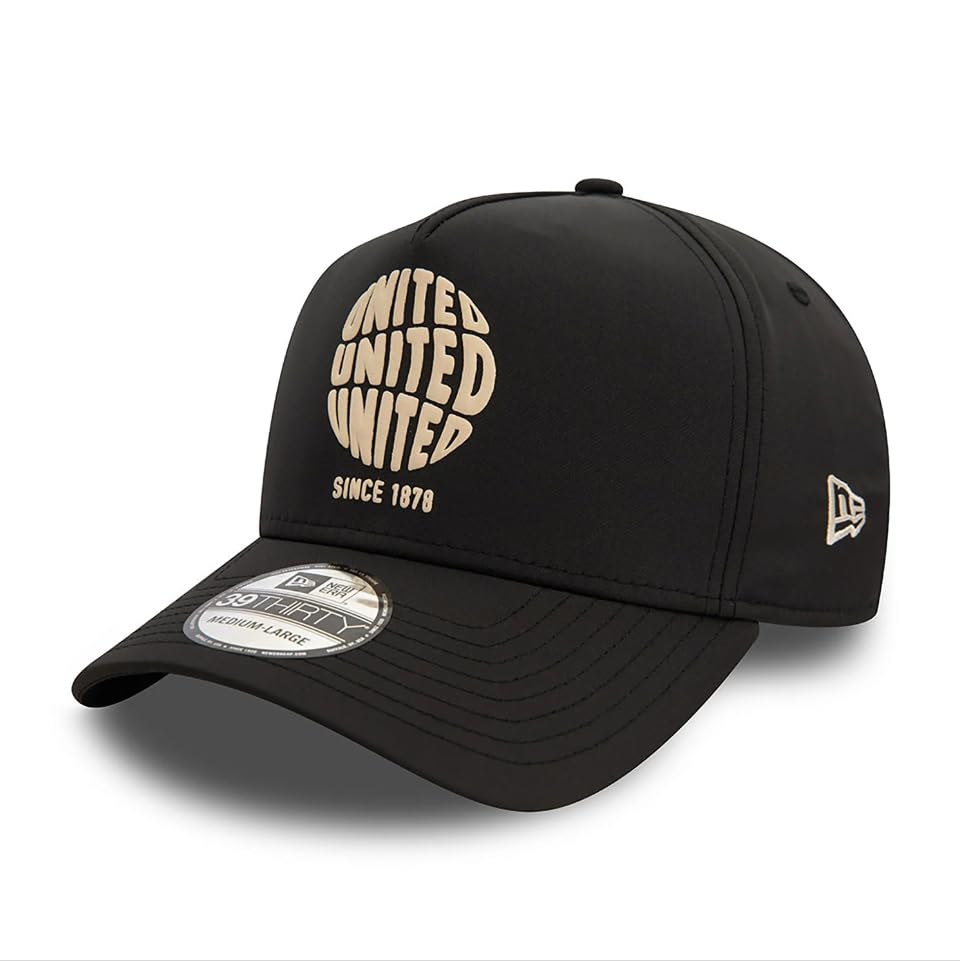 New Era Manchester United FC Puff Print Black 39THIRTY Stretch Fit A-Frame Baseball Cap (UK, Alpha, S, M, Black)