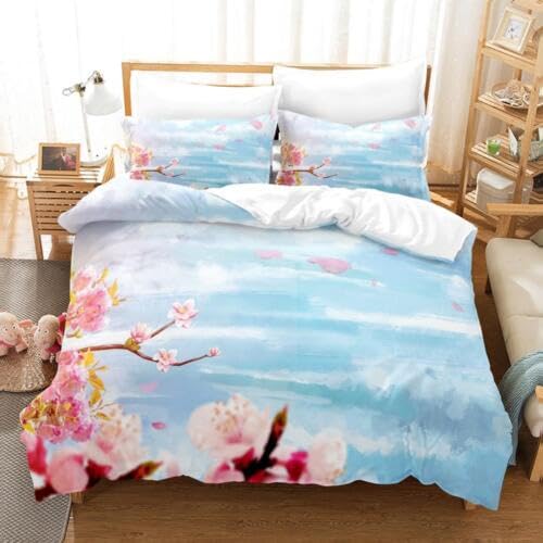Housse de couette 220x240 fleurs bleu clair en microfibre douce avec 2 taies d'oreiller