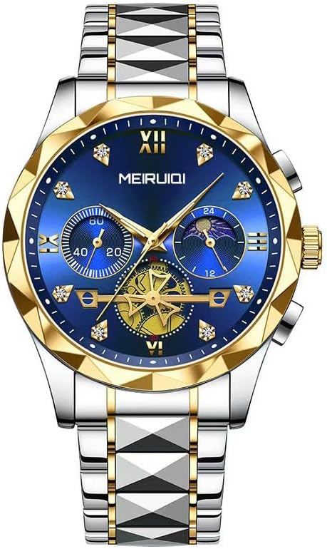 Men's Luxury Watch, Two-Tone Stainless Steel Band, Blue Dial with Gold Accents, Chronograph