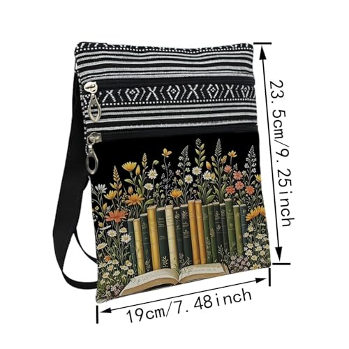 Floral Books Messenger Bag Small Ethnic Pattern Printed Adjustable Strap Crossbody Zipper Pouch Floral Books Phone Organizer Wallet Cute Shoulder Handbag for Women2