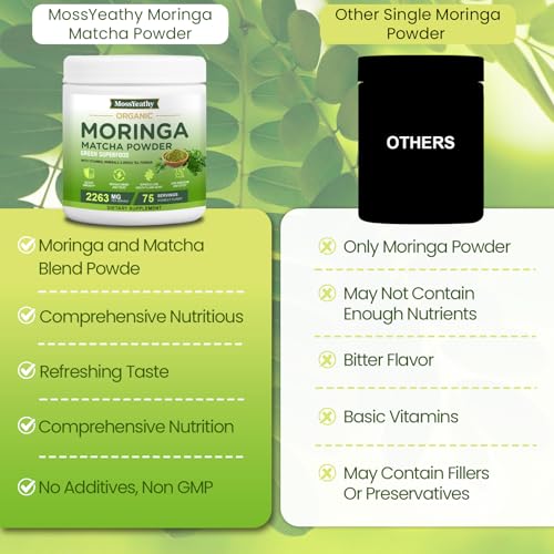 Image of Moringa Powder Organic with Matcha, Green Teas & Resveratrol, 8 OZ Superfood Energy Booster, Antioxidant & Immune Support, Vegan, Gluten Free, Easy-to-Mix (1 Pack)