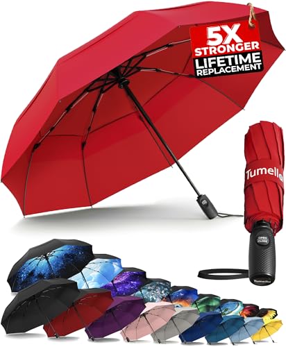Image of TUMELLA Strongest Windproof Travel Umbrella (Compact, 100MPH Wind-Tested), Light, Portable, One-Handed Use, Automatic Folding Rain Umbrella, Durable, Premium Grip, Fits Car & Backpack