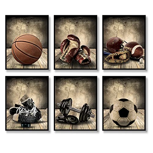 Image of Sports Wall Art Prints Set of 6 Retro Posters Rustic Soccer Football Baseball Basketball on Vintage Wood Grain Floor Wall Decor Canvas Art Painting for Living Room Bedroom Kids Boy Room Decoration