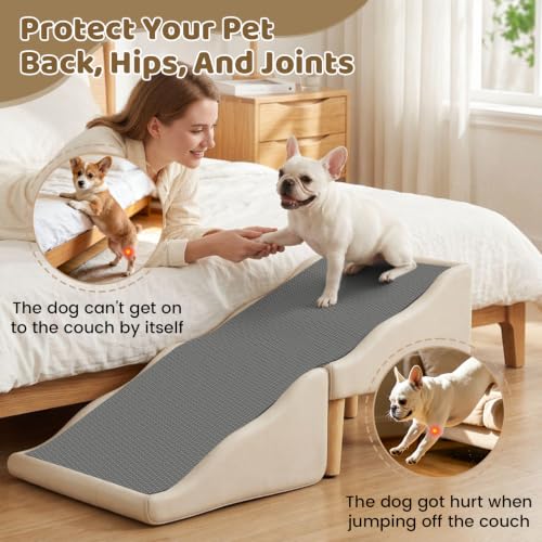 Image of Dog Stairs for Small Dogs 16 inch H, Foldable 2-in-1 Ottoman Dog Ramp for Couch | 2026 New Non-Slip Pet Steps, Pet Ramp Stairs for Small, Puppy, Senior and Injured Dogs (Beige)