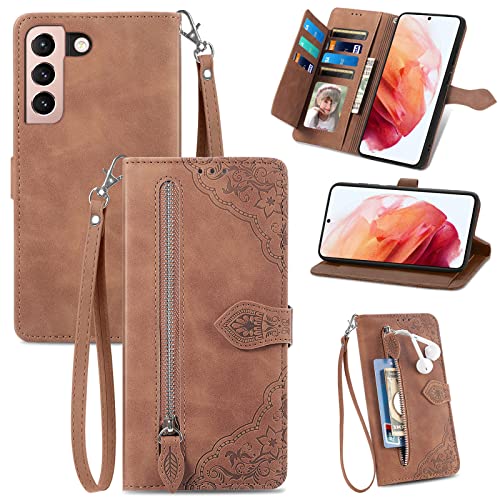 Furiet Compatible with Samsung Galaxy S21 Plus S21+ 5G Wallet Case and Wrist Strap Lanyard Leather Flip Card Holder Stand Cell Accessories Phone Cover for S21+5G S21plus 21S + S 21 21+ G5 Women Brown
