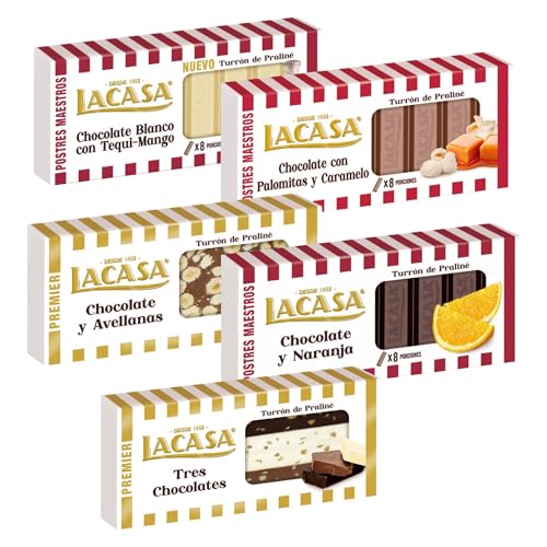 Surtido Turrones Lacasa: 5 tabletas de turrón variadas: Chocolate blanco con tequi mango, Chocolate con palomitas y caramelo, Chocolate y avellanas,