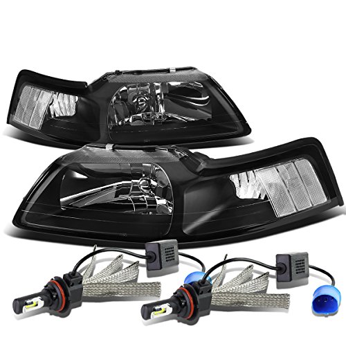 Replacement for Ford New Edge Mustang 4th Gen Pair of Black Housing Clear Corner Headlight + 9007 LED Conversion Kit
