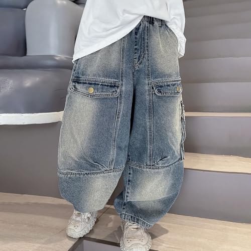 Boys Jeans Baggy Vintage Straight Leg Denim Cargo Pants with Pockets Elastic High Waist Hip Hop Pant 4-14 Years3