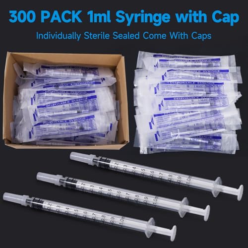 Image of 300 PCS 1ml Syringe Bulk with Cap,1cc Plastic Small Syringes with Cover, Liquid Measuring Syringe, Syringes Tools for Scientific Labs, Feeding Small Pets, Oil or Glue Applicator-Individually Sealed