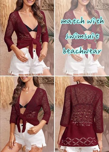 Image of Nulibenna Womens Sheer Shrug Sweaters 3 /4 Sleeve Open Front Tie Cardigan Bolero Jacket Lightweight Crochet Knit Cover Up Tops