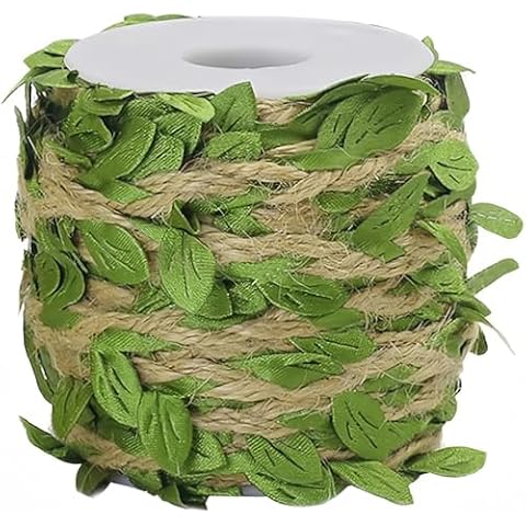 Burlap Leaf Ribbon, Ariskey 164Feet/50Meters Natural Jute Twine with Green Leaves for Wedding Packing and Garden Decoration Twine Cover