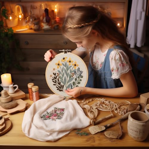 Image of Bonroy 4 Sets Embroidery Set for Beginners, Art Craft, Easy Sewing, Includes Embroidery Clothing, Pattern, Embroidery Hoop, Instruction Manual, Colorful Thread Stitch Set (11)