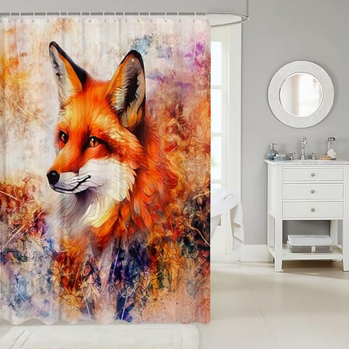 Image of Feelyou Fox Print Shower Curtain with Hooks Cartoon Fox Waterproof Shower Curtains for Boys Girls Children 3D Animal Theme Bathroom Shower Curtain Room Decor Wild Fox Bath Curtains 72x84 Inch