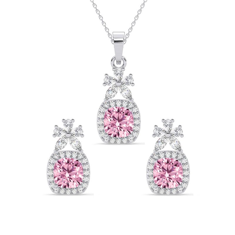 Clara 925 Sterling Silver Nera Pink Cushion Solitaire Pendant Earrings Chain Necklace Jewellery Set | Platinum Plated, Swiss Zirconia |Gift for Women and Girls