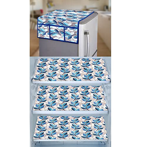 Image of Polyester 3-Layered Fridge Top Cover /Refrigerator Cover With Utility Pockets and Set of 3 Pc Fridge Mats (Color- Leaf Blue, Size-39x21 Inches)