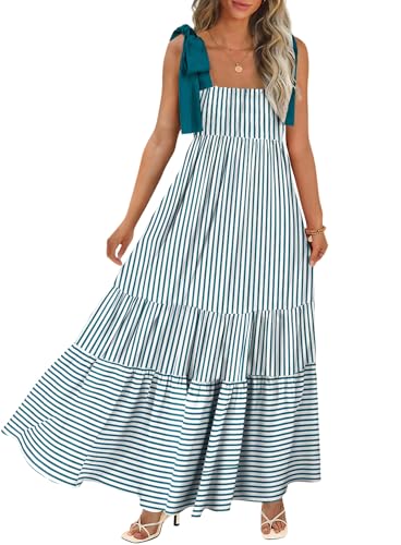 Image of CURBODO Women's Summer Maxi Dress Boho Spaghetti Straps Casual Long A-line Smocked Beach Dress Square Neck Flowy Sun Dress