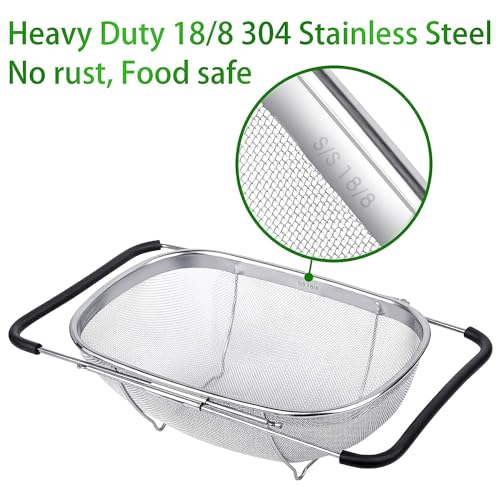 Image of KRESHU Stainless Steel Oval Fine Mesh Colander Strainer with Rubber Grip Handle| Multi-Functional Large Over The Sink Basket Expandable Drainer for Rinse Vegetables Fruits 35.6x25.4x11.4 (Pack of 1)
